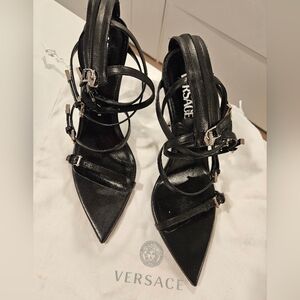 Versace Black Strappy Heels with Silver Accents